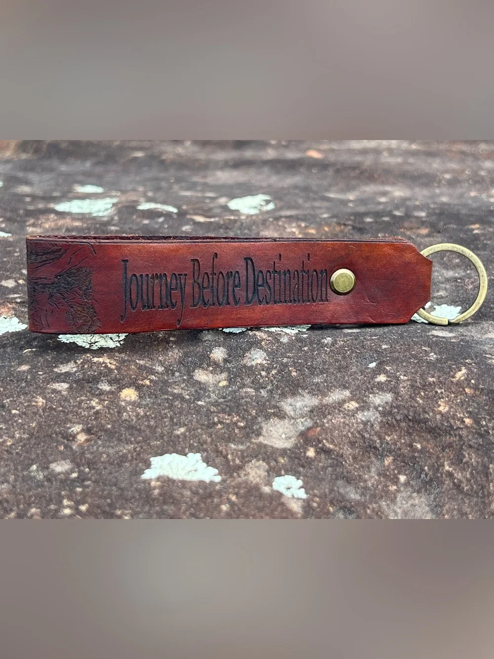 Handcrafted Leather Keychain – “Journey Before Destination” | Topo Map Key Chain